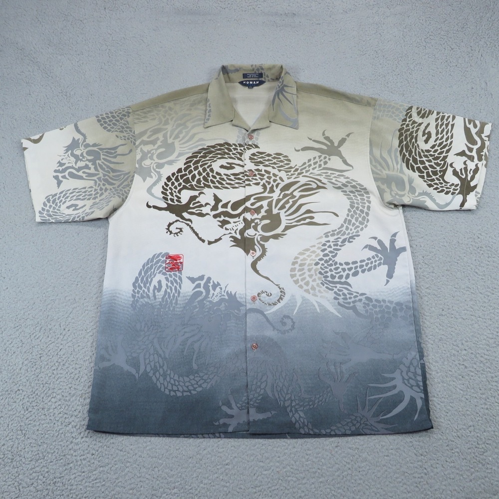 VTG Koman Sport Dragon Print Shirt Mens XL Gray Y2K Mall Goth Skater Button Up